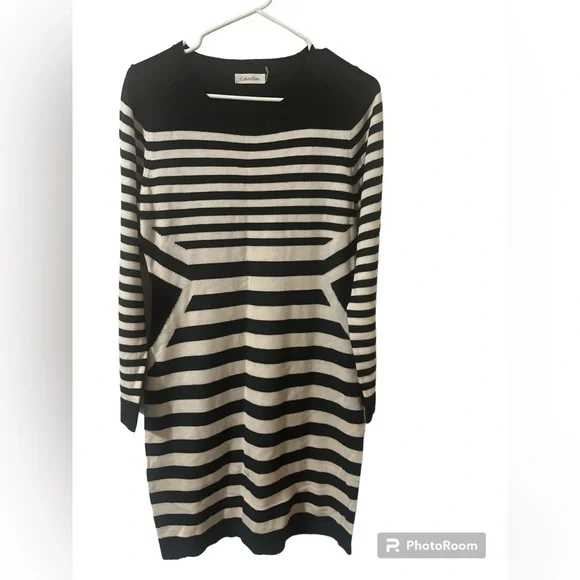 EUC Calvin Klein Women’s Striped Sweater Dress - Sz Medium - Black/Off White - Picture 1 of 6